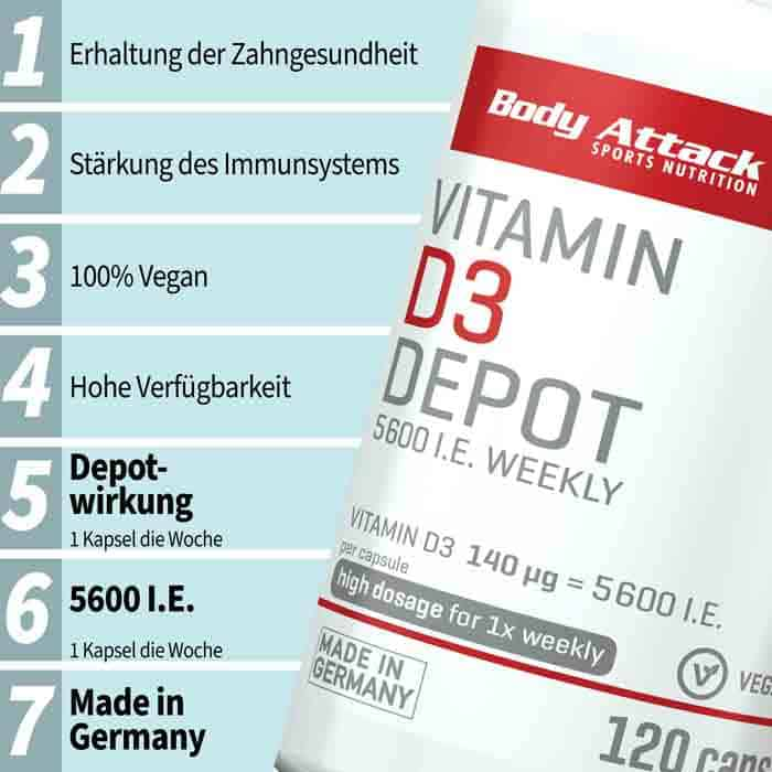 BodyAttack Vitamin D3 Depot 120 Kaps