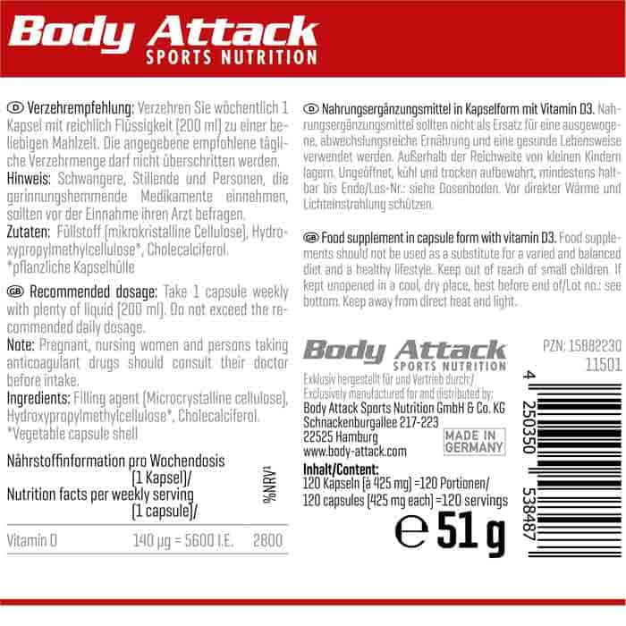 BodyAttack Vitamin D3 Depot 120 Kaps