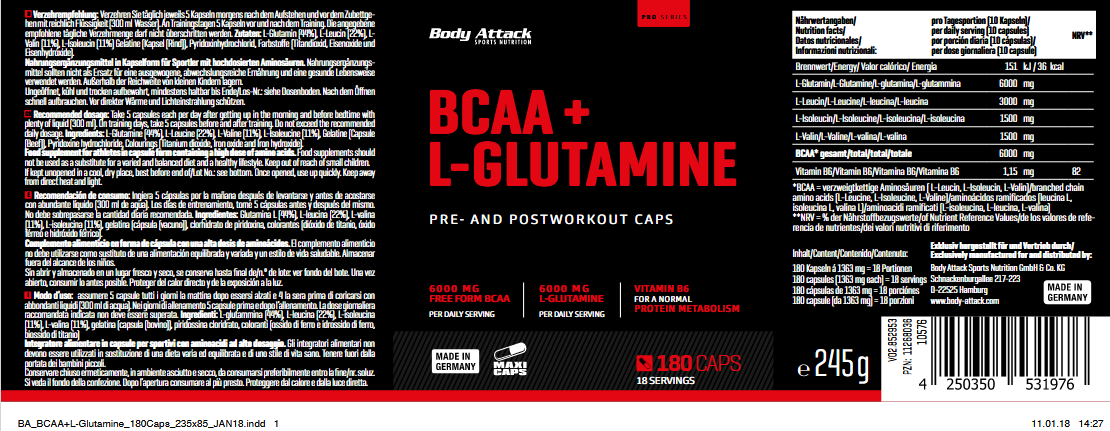 BodyAttack BCAA+GLUTAMINE 180Caps